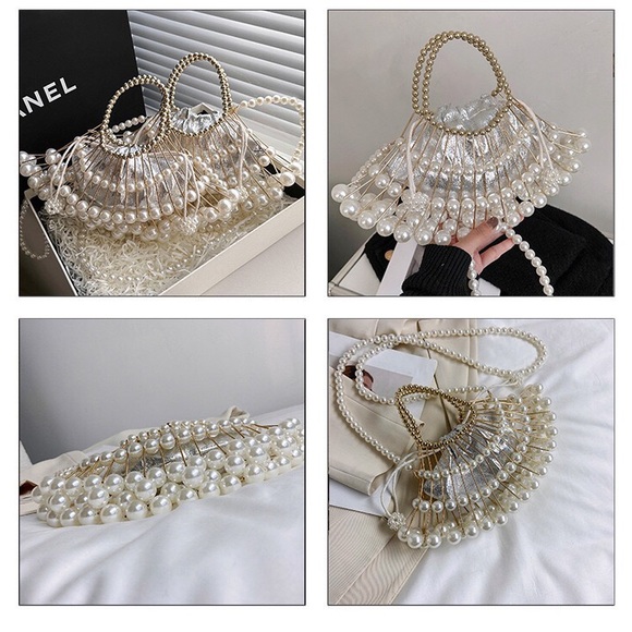 women's pearl chain oblique hollow handbag - Picture 8 of 16